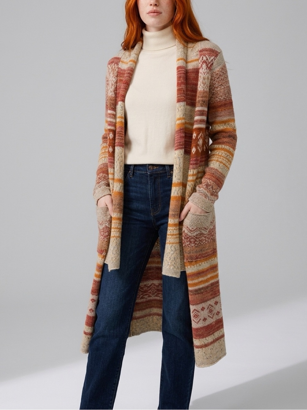 Free People Long Fair Isle Duster Cardigan - Beige Rust Mustard